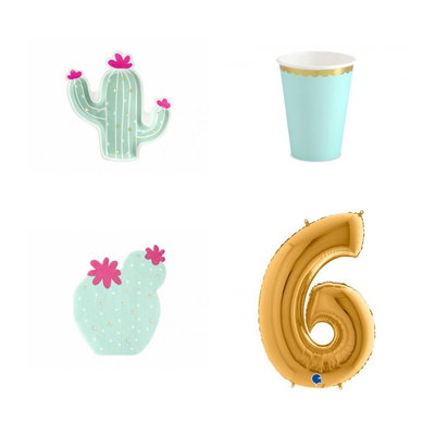 6-årskalas, Llama & kaktus, kalaspaket, 6 gäster – paketets produkter med sifferballong 100 cm