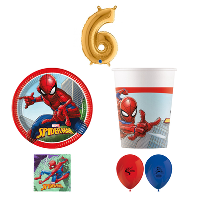 6-årskalas, Spiderman, kalaspaket, 8 gäster – sammansatt bild av paketets produkter