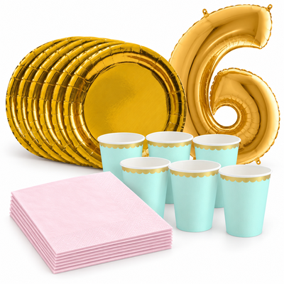 6-årskalas, Mint, rosa och guld, kalaspaket, 6 gäster – samlat paketinnehåll