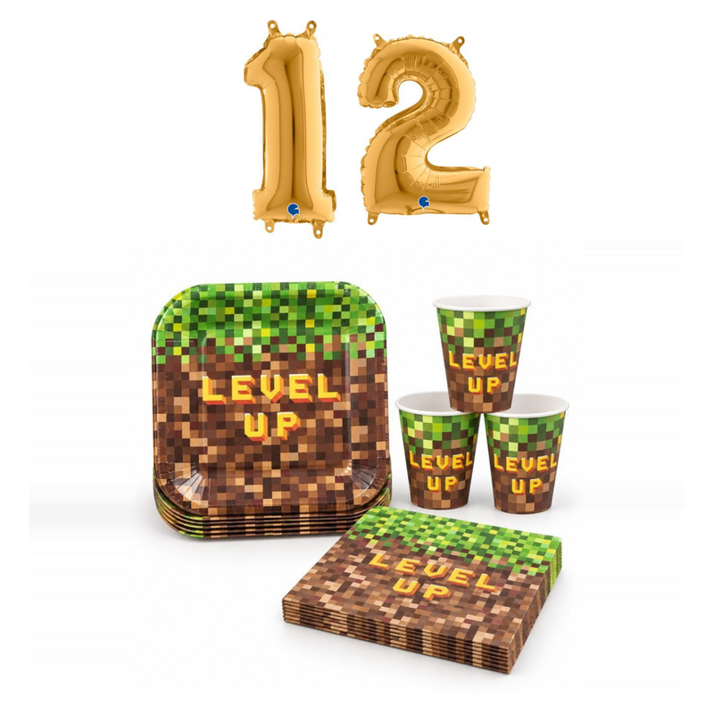 12-årskalas, Gamingkalas i pixeltema, kalaspaket, 8 gäster – sammansatt bild av paketets produkter