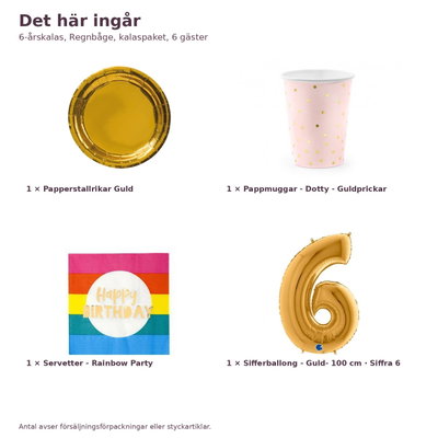 6-årskalas, Regnbåge, kalaspaket, 6 gäster – innehåll och antal, sifferballong 100 cm