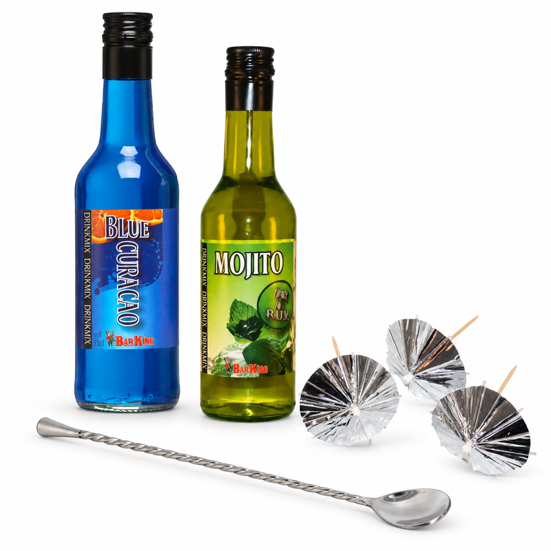 Blågrön drinkduo – Blue Curacao, Mojito och rörverktyg