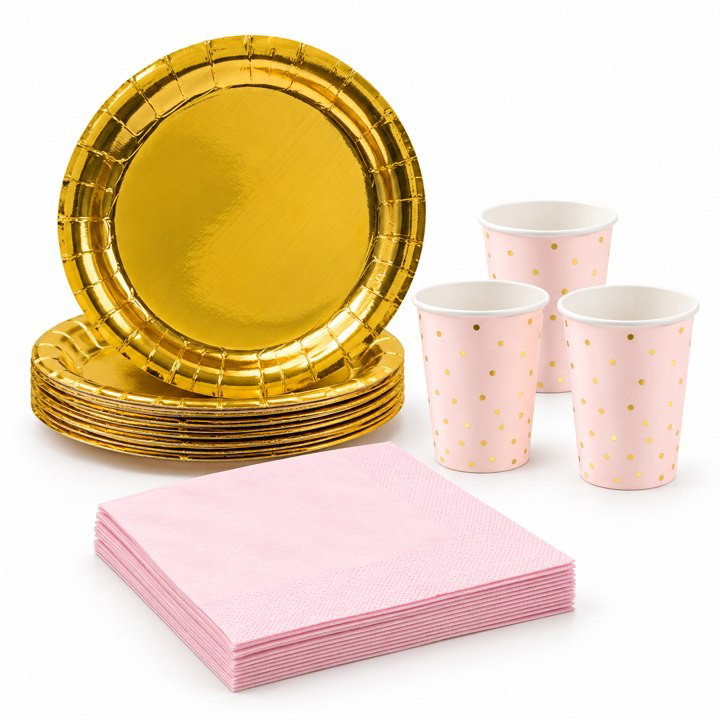 Rosa kalas med silver och guld, dukningspaket, 6 gäster