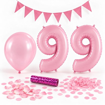 99-års festpaket, Rosa, Stor – paketets dekorationer på vit bakgrund