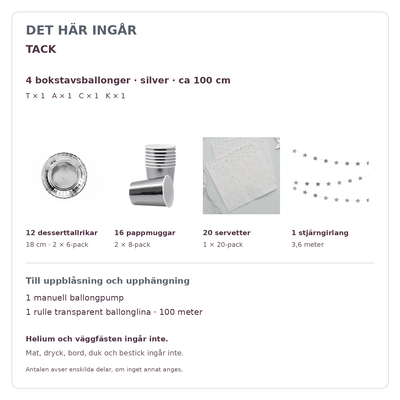 Innehåll och exakta antal – TACK, 100 cm bokstäver och dukning för 12