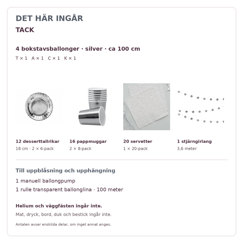 Innehåll och exakta antal – TACK, 100 cm bokstäver och dukning för 12