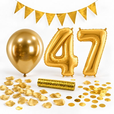 47-års festpaket, Guld, Stor – paketets dekorationer på vit bakgrund