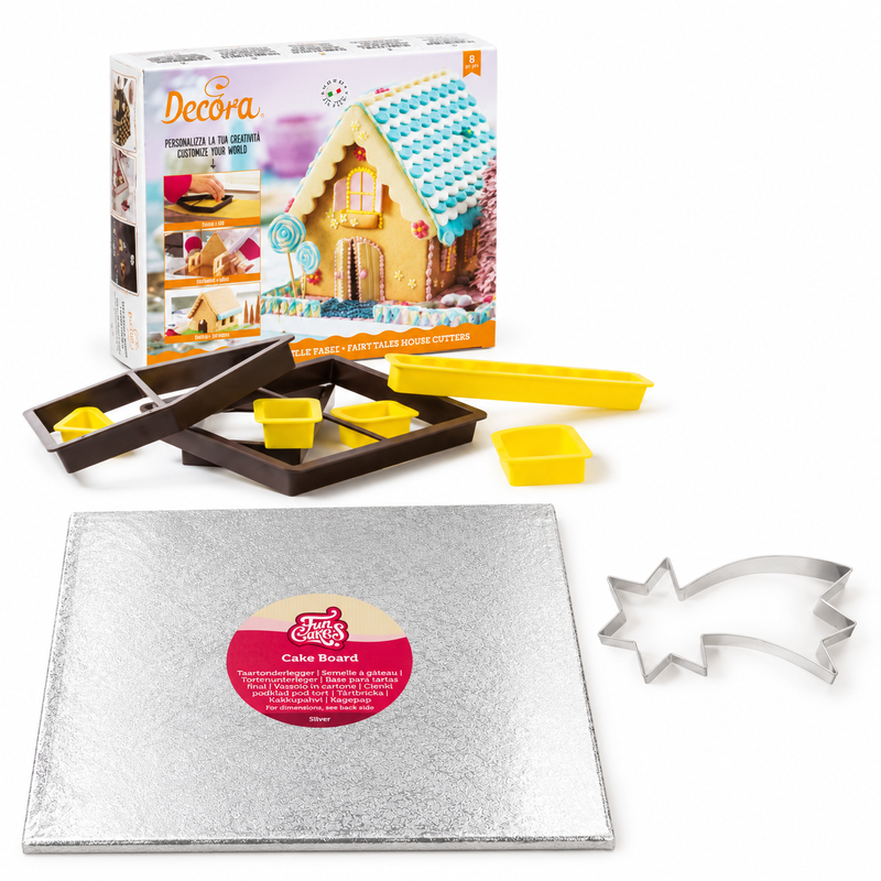 Produktöversikt: Pepparkakshus med stjärndetalj och stadig tomt