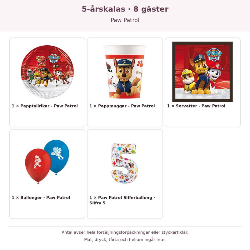 5-årskalas, Paw Patrol, kalaspaket, 8 gäster – innehåll och antal förpackningar