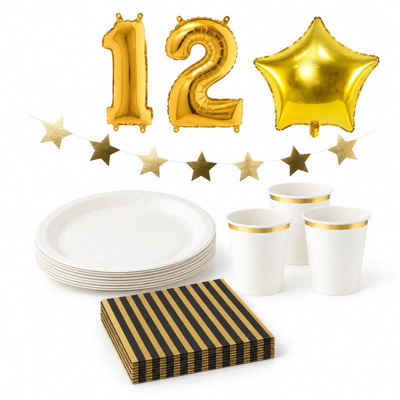 12-årskalas, Hollywoodtema – stjärnor och guld, kalaspaket, 6 gäster – paketets produkter