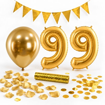 99-års festpaket, Guld, Stor – paketets dekorationer på vit bakgrund