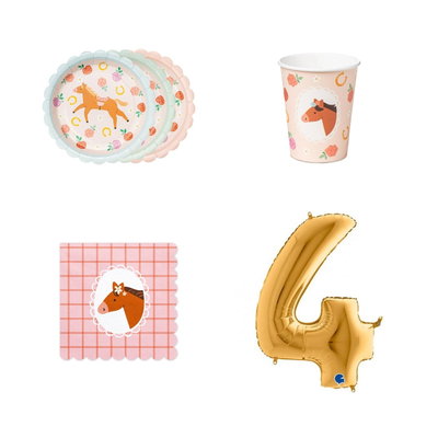 4-årskalas, Hästkalas, kalaspaket, 6 gäster – paketets produkter med sifferballong 100 cm