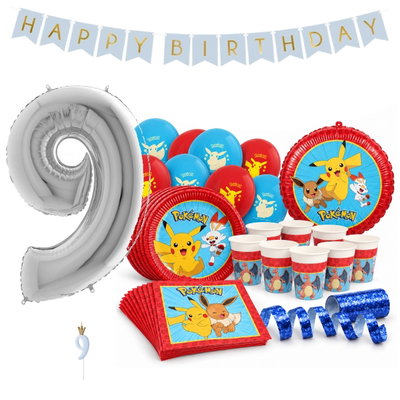 Pokémon – 9-årskalas – kalaspaket för 8 gäster – stor och tydlig sifferballong