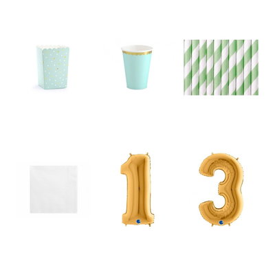 13-årskalas, Filmkväll, serveringspaket, 6 gäster – paketets produkter med sifferballong 100 cm