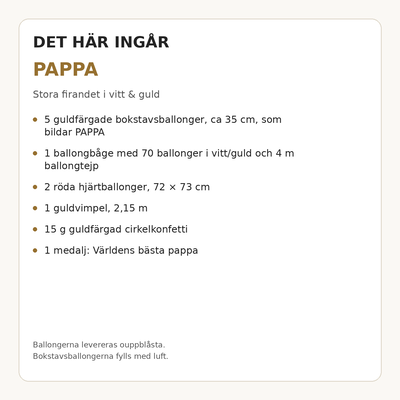 Paketets innehåll och antal – PAPPA – dekorationspaket till fars dag – stora firandet i vitt & guld