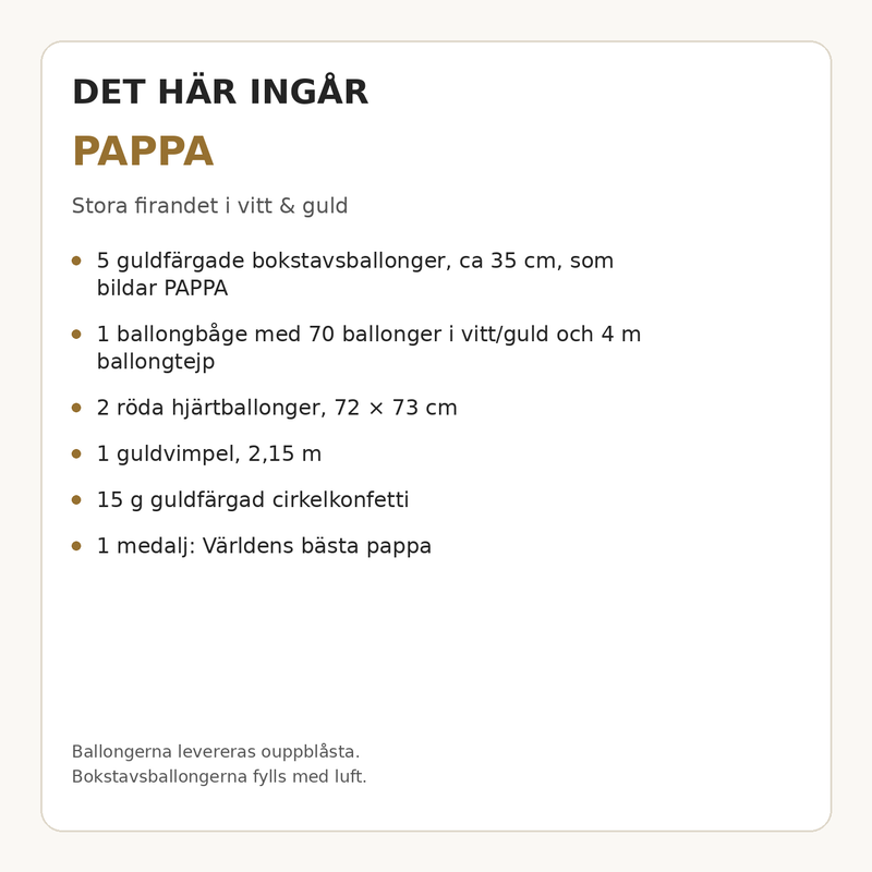 Paketets innehåll och antal – PAPPA – dekorationspaket till fars dag – stora firandet i vitt & guld