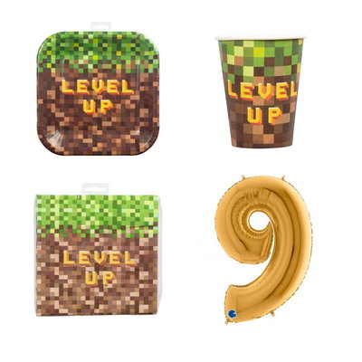 9-årskalas, Minecraft-kalas, kalaspaket, 8 gäster – paketets produkter med sifferballong 100 cm
