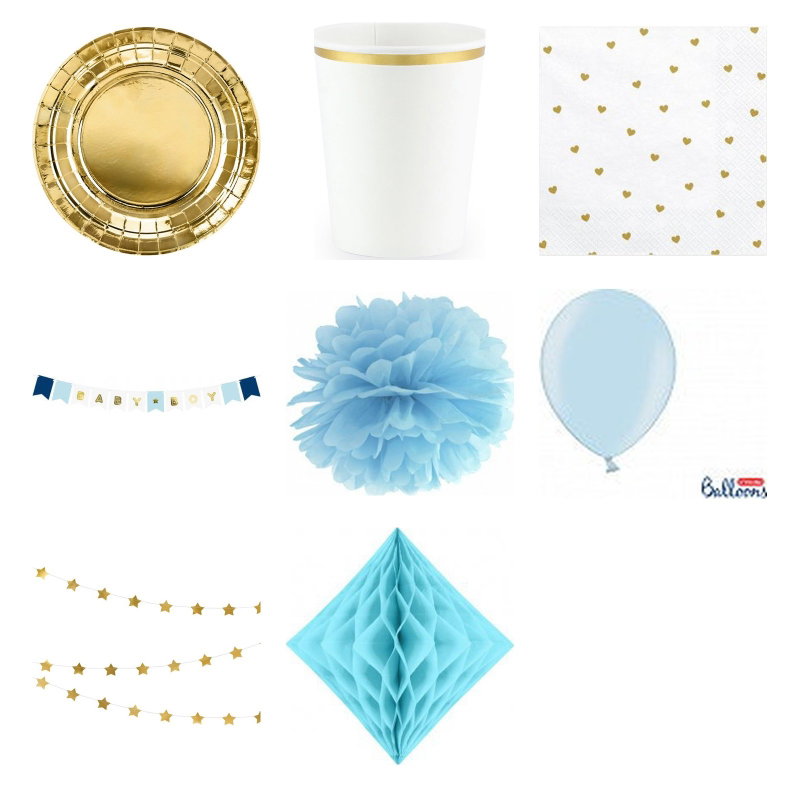 Babyshower pojke – guld och blått – fika och dekorationer, 12 gäster – produktöversikt