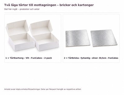 Innehåll och antal: Två låga tårtor till mottagningen – brickor och kartonger