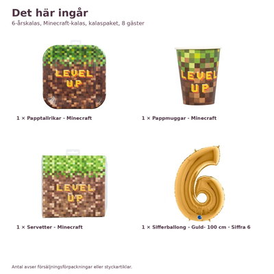 6-årskalas, Minecraft-kalas, kalaspaket, 8 gäster – innehåll och antal, sifferballong 100 cm