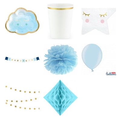 Babyshower pojke – blå moln – fika och dekorationer, 6 gäster – produktöversikt