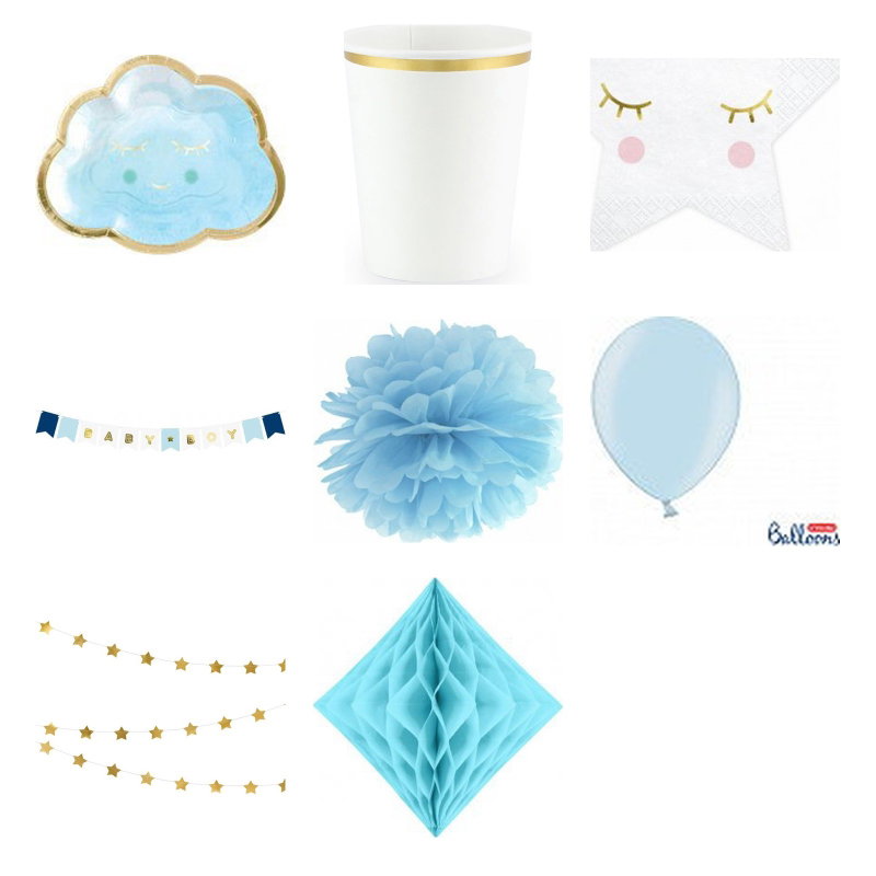 Babyshower pojke – blå moln – fika och dekorationer, 6 gäster – produktöversikt