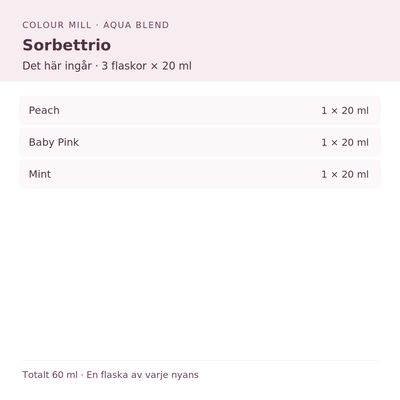 Paketinnehåll: 1 × Peach 20 ml, 1 × Baby Pink 20 ml, 1 × Mint 20 ml
