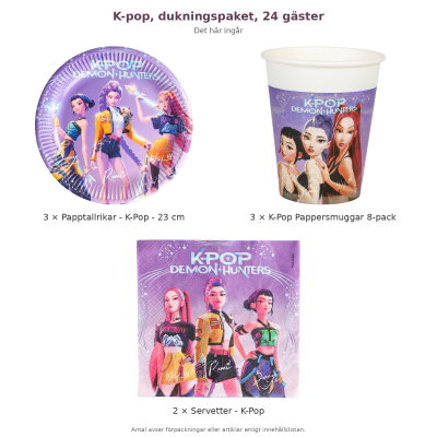 K-pop, dukningspaket, 24 gäster – innehåll och antal förpackningar