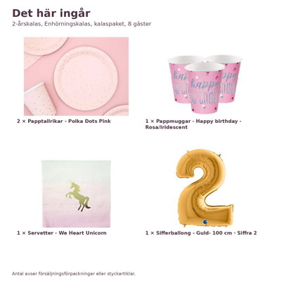 2-årskalas, Enhörningskalas, kalaspaket, 8 gäster – innehåll och antal, sifferballong 100 cm