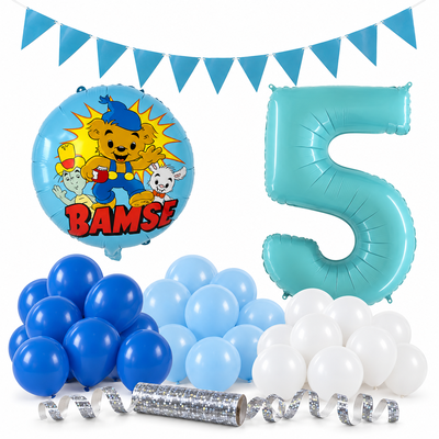 Bamse 5 år – dekorationspaket Blå – paketets produkter