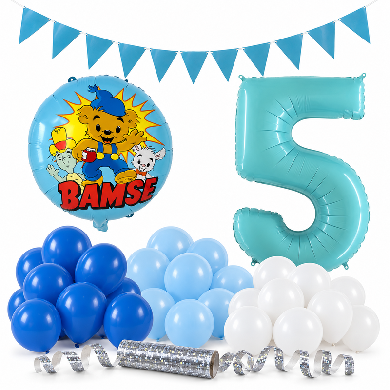 Bamse 5 år – dekorationspaket Blå – paketets produkter