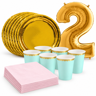 2-årskalas, Mint, rosa och guld, kalaspaket, 6 gäster – samlat paketinnehåll