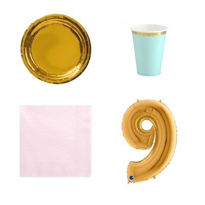 9-årskalas, Mint, rosa och guld, kalaspaket, 6 gäster – paketets produkter med sifferballong 100 cm