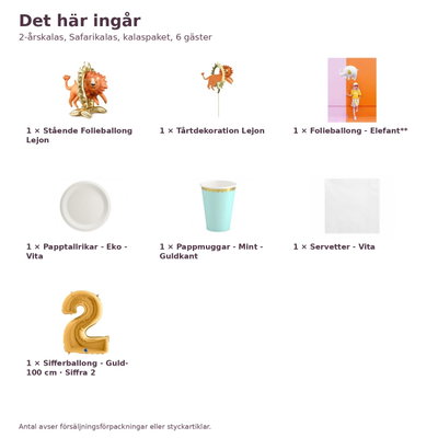 2-årskalas, Safarikalas, kalaspaket, 6 gäster – innehåll och antal, sifferballong 100 cm