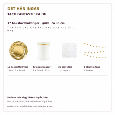 Innehåll och exakta antal – TACK FANTASTISKA DU, 35 cm bokstäver och dukning för 12