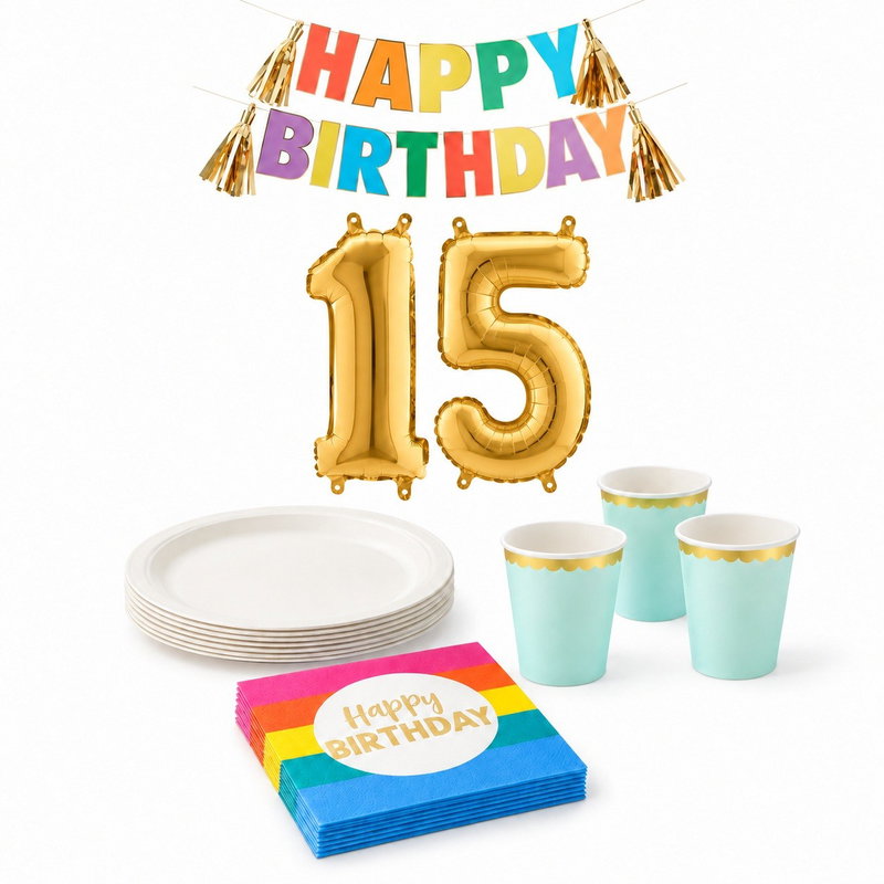 15-årskalas, Festivaltema – regnbåge och fest, kalaspaket, 6 gäster – paketets produkter