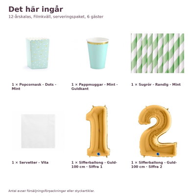12-årskalas, Filmkväll, serveringspaket, 6 gäster – innehåll och antal, sifferballong 100 cm