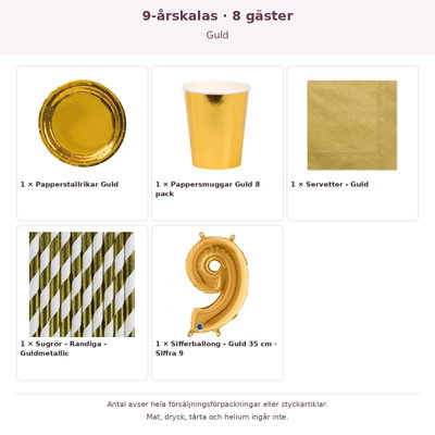 9-årskalas, Guld, kalaspaket, 8 gäster – innehåll och antal förpackningar