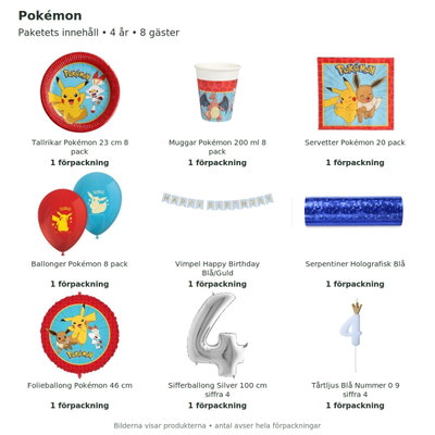 Pokémon – 4-årskalas – kalaspaket för 8 gäster – innehåll och antal