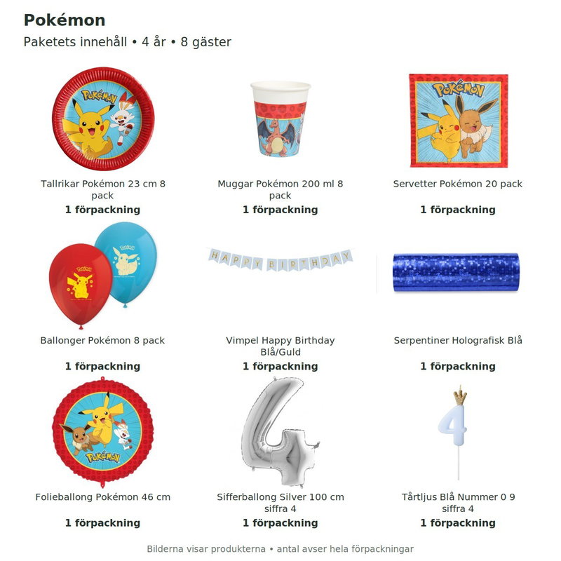 Pokémon – 4-årskalas – kalaspaket för 8 gäster – innehåll och antal