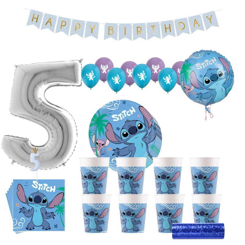Stitch & Angel – 5-årskalas – kalaspaket för 8 gäster – paketets produkter
