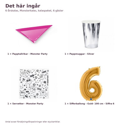 6-årskalas, Monsterkalas, kalaspaket, 6 gäster – innehåll och antal, sifferballong 100 cm