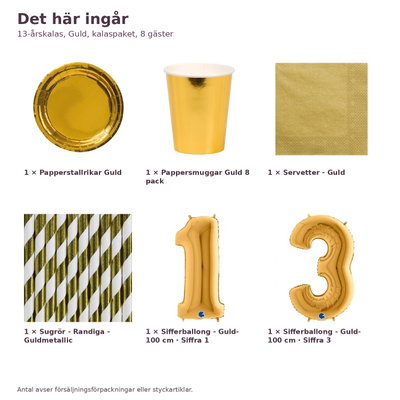 13-årskalas, Guld, kalaspaket, 8 gäster – innehåll och antal, sifferballong 100 cm