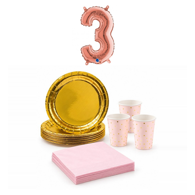 3-årskalas, Rosa och guld, kalaspaket, 6 gäster – sammansatt bild av paketets produkter