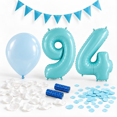 94-års festpaket, Blått, Stor – paketets dekorationer på vit bakgrund