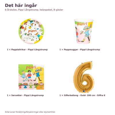 6-årskalas, Pippi Långstrump, kalaspaket, 8 gäster – innehåll och antal, sifferballong 100 cm