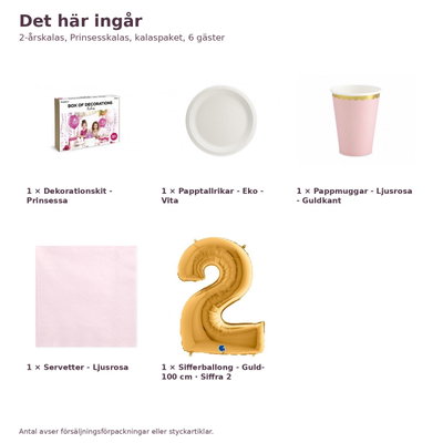 2-årskalas, Prinsesskalas, kalaspaket, 6 gäster – innehåll och antal, sifferballong 100 cm