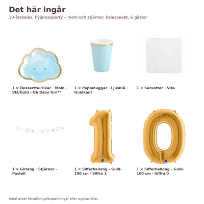 10-årskalas, Pyjamasparty – moln och stjärnor, kalaspaket, 6 gäster – innehåll och antal, sifferballong 100 cm