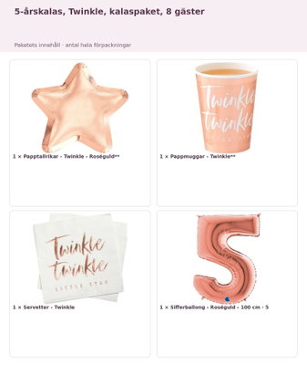 5-årskalas, Twinkle, kalaspaket, 8 gäster – innehåll och antal
