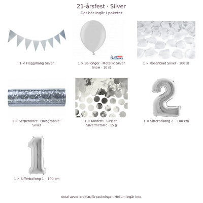 21-års festpaket, Silver, Stor – innehåll och antal förpackningar
